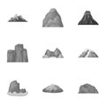 Set of icons about different mountains. Winter, summer mountains in one collection.Different mountains icon in set