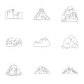 Set of icons about different mountains. Winter, summer mountains in one collection.Different mountains icon in set