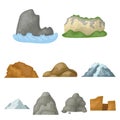 Set of icons about different mountains. Winter, summer mountains in one collection.Different mountains icon in set