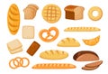 Set of Icons Different Types of Bread White Long Loaf, Rye and Wheat Bread, French Bun, Bagel, Pretzel with Croissant