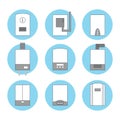 Set of icons of different white gas boilers on blue background Royalty Free Stock Photo