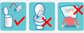 Set of icons for disposable baby changing pads: throw it to the litter bin, do not throw it into toilet, do not put it on your h