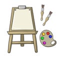 A set of icons, drawing tools, a wooden easel with paints and brushes, a vector illustration in cartoon style Royalty Free Stock Photo