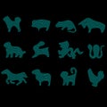 Set of icons for the eastern horoscope: rat, bull, tiger, rabbit, dragon, snake, horse, sheep, monkey, rooster, dog, pig