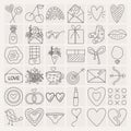 Set of icons, elements for Valentine\'s day, declarations of love and wedding doodles. Hearts, cherry, gift, chocolate.