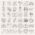 Set of icons, elements for Valentine\'s day, declarations of love and wedding doodles.