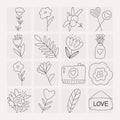 Set of icons, elements for Valentine\'s day, declarations of love and wedding doodles. Hearts, flowers, sweets, camera.