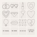 Set of icons, elements for Valentine\'s day, declarations of love and wedding doodles.