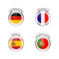 A set of 4 icons of European countries with a caption. Germany, France, Spain and Portugal