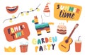 Set of Icons Family Garden Party Theme. Summer Time Leisure, Outdoor Recreation Activity, Guitar, Pinata, Smiling Lips Royalty Free Stock Photo