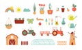 A set of icons for farm and agriculture. Plants and gardening tools. Plant planting and plant care. Flower business. Agricultural