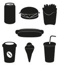 Set icons of fast food black silhouette Royalty Free Stock Photo