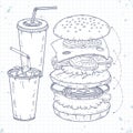 Set icons fast food, hamburger and drinks