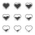 Set of 9 icons with filling hearts. A simple image of a heart gradually filling in its contents. Can be used in app loading design