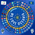 Set of icons of flags, currencies of the countries of Oceania in the form of a circle. Australasia, Polynesia, Micronesia and