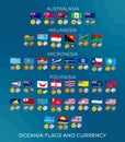 Set of icons of flags and national currencies of countries in Oceania. Australasia, Polynesia, Micronesia and Melanesia.