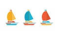 Set of icons in a flat vector. Yellow, blue and red yacht, boat, sailboat. Travel by sea transport. Isolated objects