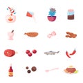 Set of Icons Food and Condiments Red Hot Chilli Pepper, Allspice, Mortar and Fried Fish, Ice Cubes Royalty Free Stock Photo