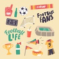 Set of Icons Football Fans Attribution Theme. Soccer Ball, Gates and Stadium, Winner Cup, Sportsman Uniform, Soda Drink Royalty Free Stock Photo