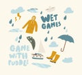Set of Icons Games with Puddles. Water Rain Drops Fall from Sky, Umbrella, Rubber Boots and Paper Boat, Cloud with Flash
