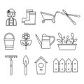 Set of icons of garden tools, seedlings, flower, gardener, isolated on white background Royalty Free Stock Photo