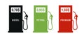 Set of icons of gas station with petrol gun and price for the diesel or petrol, three colors, red, green and black Royalty Free Stock Photo