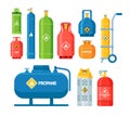 Set of Icons Gas Tanks and Cylinders with Compressed Oxygen, Propane Dangerous Flammable Liquid Isolated on White