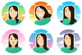 Set of icons with girls with different emotions; happy, satisfied, winking, dissatisfied, surprised; round icons on the background