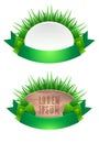 Set of icons with grass, leaves and green ribbons.