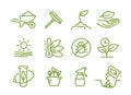 Set of icons. Growing seedlings plant. Agriculture and gardener. Biotechnology plants. Sowing seeds. Vector contour