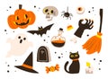 Set of icons for for Halloween. Pumpkin, ghost, bat, candy, Witch hat, and other items on Halloween theme Royalty Free Stock Photo
