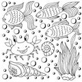 Set of icons in hand draw style. Collection of drawings on the marine theme. Fish, crab, seaweed