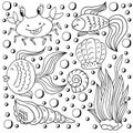 Set of icons in hand draw style. Collection of drawings on the marine theme. Fish, crab, shell, seaweed