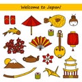 Set of icons in hand drawn style on Japan theme