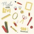 Set of Icons for Handmade Hobby. Scissors, Thread and Fabric Rolls, Ruler, Pencil with Pen and Buttons, Picture Frame Royalty Free Stock Photo