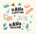 Set of Icons Hands Disinfection Theme. Sanitizer Bottle, Liquid Soap and Biohazard Sign, Wet Wipes, and Water Flowing