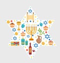 Set icons of Hanukkah, Happy Hanukkah. Hanukkah greeting card. Cartoon icons flat style. Traditional symbols of Jewish culture.
