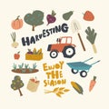 Set of Icons Harvesting Theme. Ripe Fruit, Vegetables and Garden Bed, Tractor, Wheelbarrow and Basket with Crop, Harvest Royalty Free Stock Photo