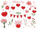 Set icons of hearts, flowers, leaves and other, vector illustration of Valentine's day. Icon element on white Royalty Free Stock Photo