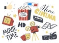 Set of Icons Home Cinema Theme. Retro Camera, Television, Pop Corn and 3d Glasses, Sad Happy Mask, Film Reel and Stars