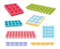 Set of Icons Ice Cube Trays of Different Colors and Shapes Isolated on White Background. Equipment for Freezing Water