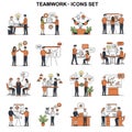 Set of icons illustrating teamwork concepts. Features diverse activities including