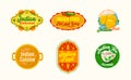 Set of Icons for Indian Food Restaurant, Cartoon Emblems with Traditional Symbols of India Chili Peppers, Lotus Flower