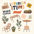 Set of Icons Interior Items and Wicker Furniture Theme. Rolling Chair, Table and Umbrella with Armchair for Garden Decor