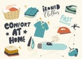 Set of Icons Ironing Clothes Theme. Basket with Clean Linen, Pure Clothing, Steamer and Iron with Ironed Apparel