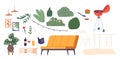 Set of Icons, Isolated Couch, Book, Barbecue Grill and Table with Chair Bushes, Houseplant, Light Garland Royalty Free Stock Photo