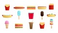 Set of 15 icons of items of delicious food and snacks for a cafe bar restaurant on a white background: fries, sandwich, ice cream