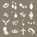 Set icons jewelry in vector. White drawn flat icons isolated on graybackground