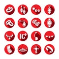 Set icons jewelry in vector. White flat icons in a red round frame with a shadow Royalty Free Stock Photo