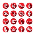 Set icons jewelry in vector. White flat icons in a red round frame with a shadow Royalty Free Stock Photo